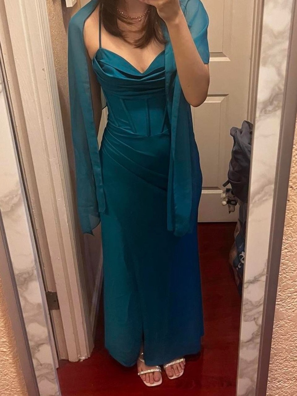 Betsy & Adam Teal Satin Cowl Neck Prom Gown with Sheer Shawl